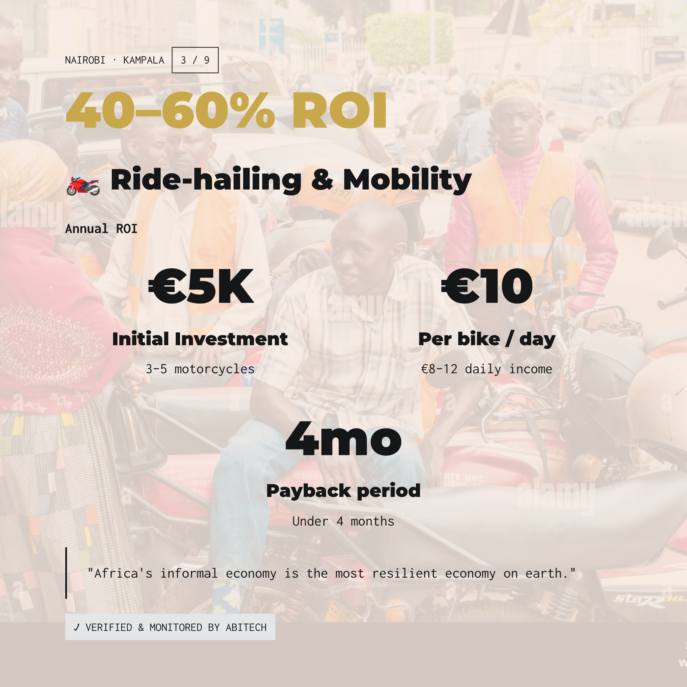Ridesharing mobility investment Africa - 40-60% ROI motorcycle fleet